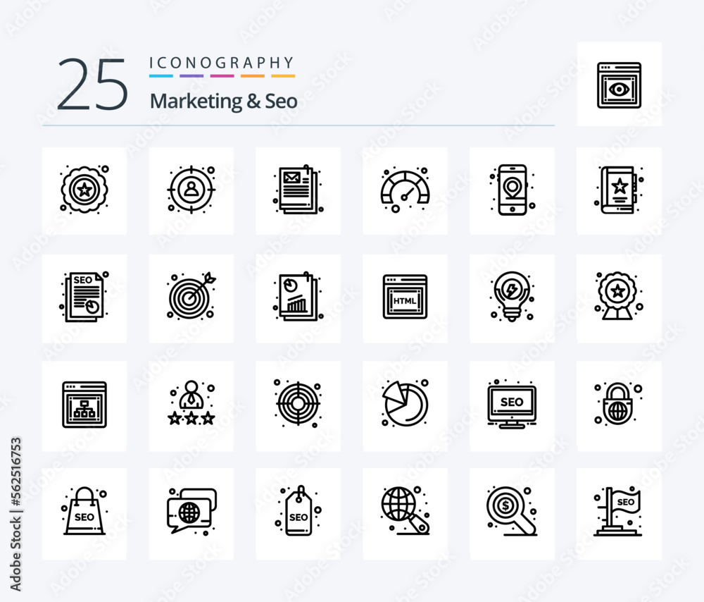 Marketing And Seo 25 Line icon pack including book. mobile. email. location. speed