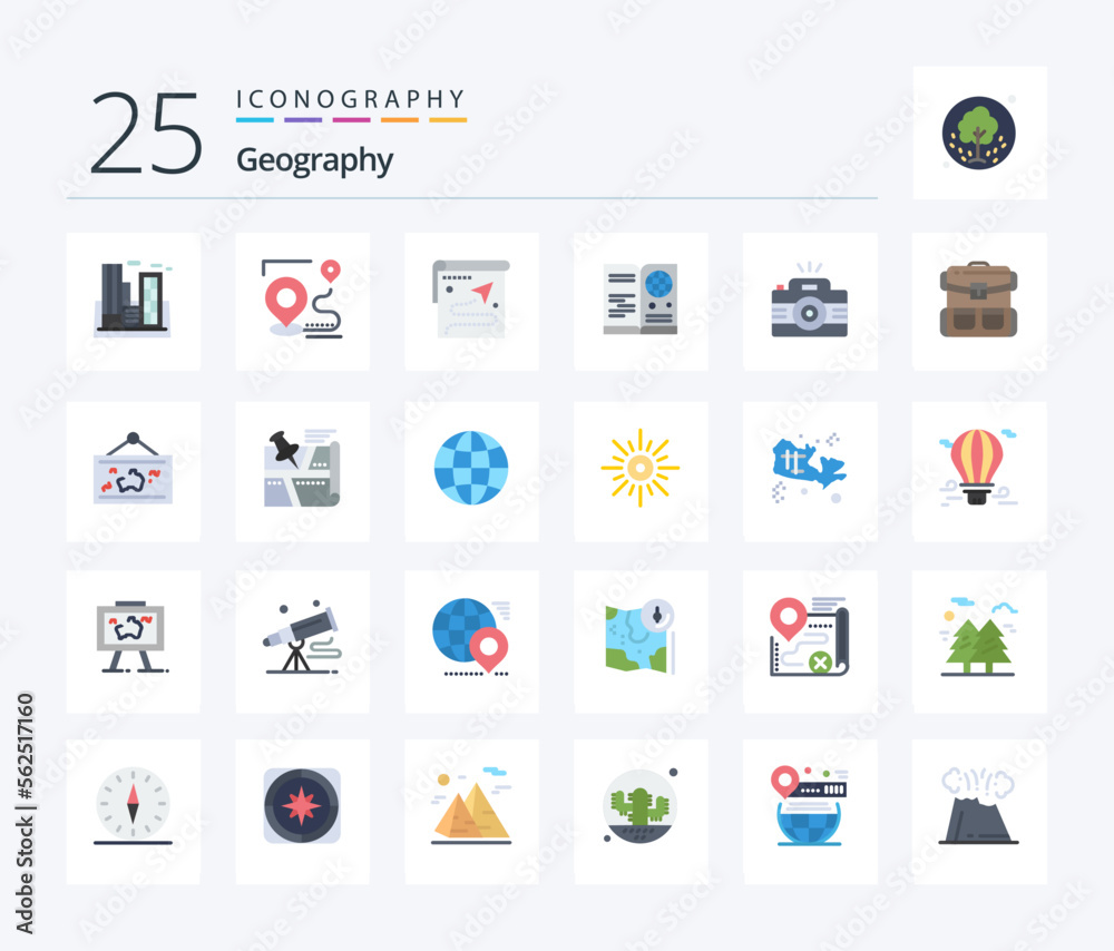 Geo Graphy 25 Flat Color icon pack including photo. camera. destination. international. visa