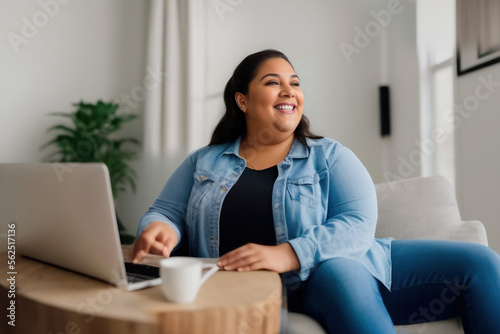 Portrait of a beautiful overweight African American woman working from home on a laptop computer, generative ai