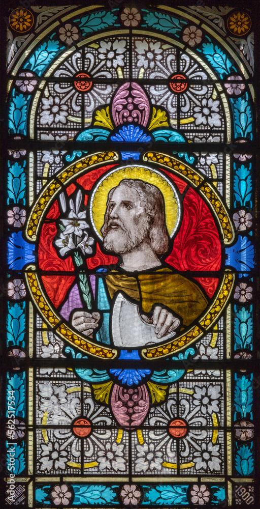 CHAMONIX, FRANCE - JULY 5, 2022: The  St. Joseph on the stained glass in the church St. Michael by Antonine Bernard (1900).