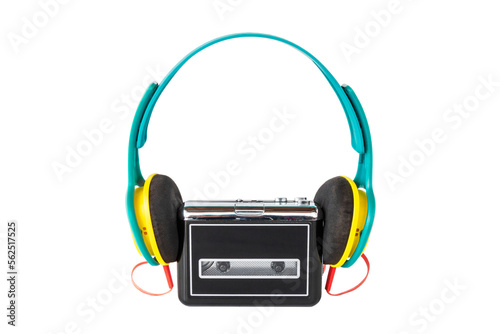 portable cassette walkman from the 90s with headphones, on isolated white background photo