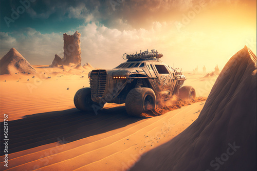 Landscape with desert car, post apocalyptic, GENERATIVE AI