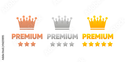 Set VIP Premium badges in gold, silver and bronze color. Exclusive Round labels. Three Premium level. Vector illustration.