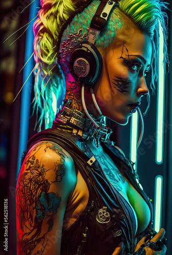 Cute and beautiful teenage punk girl with tattoos, colorful hair and earphones, listening to music, generative ai