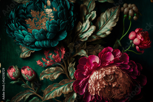 beautiful fantasy vintage wallpaper botanical flower bunch,vintage motif for floral print digital background.generative ai.