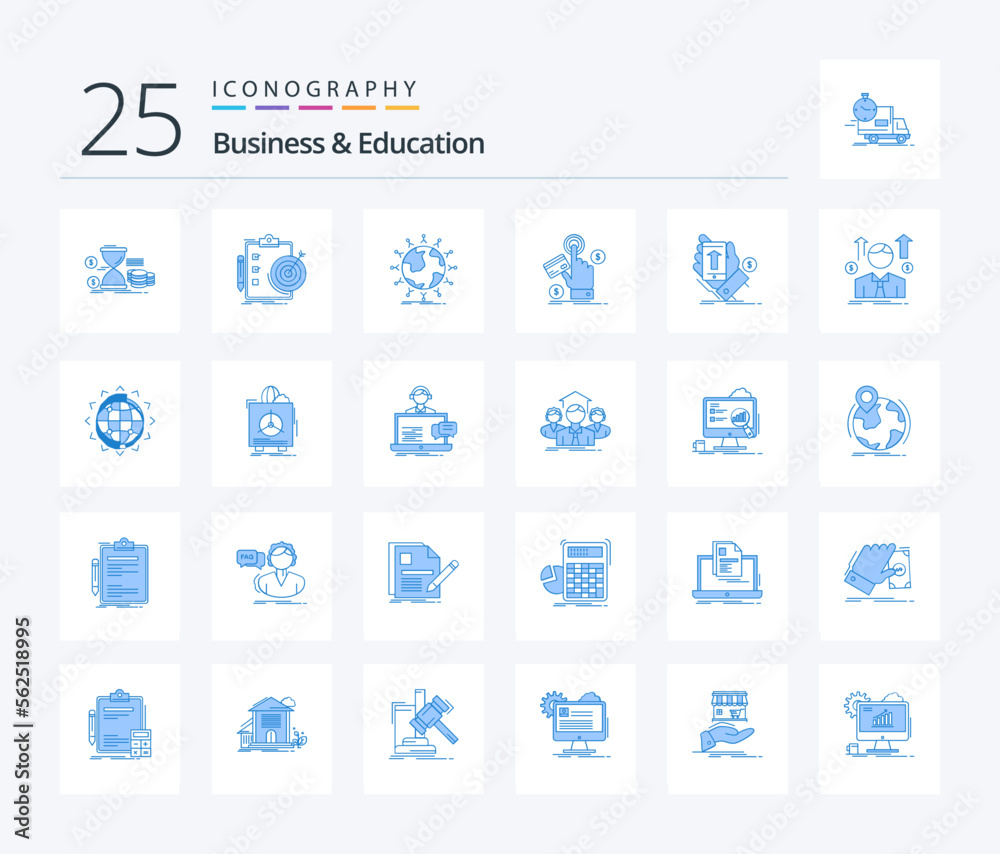 Business And Education 25 Blue Color icon pack including pay. ppc. target. kids. network