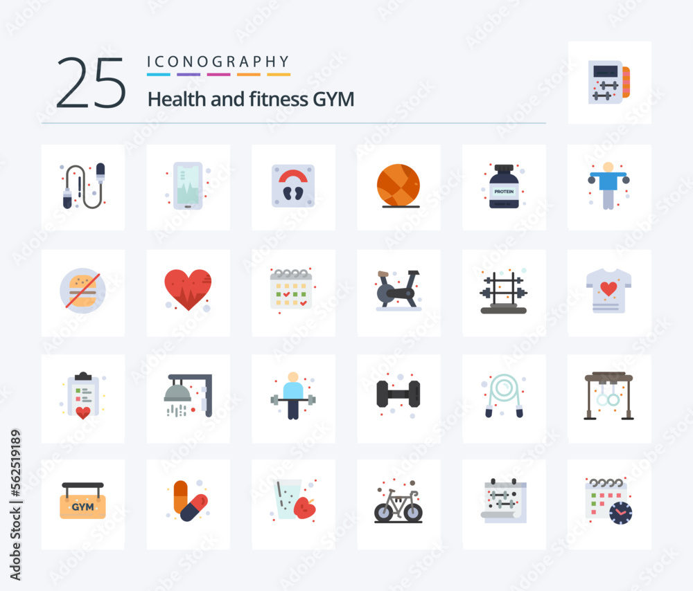 Gym 25 Flat Color icon pack including exercise. bottle. sports. protein. basket ball