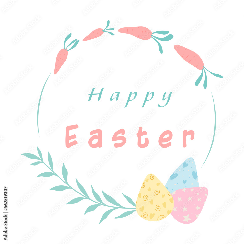 Easter wreath with easter eggs. Decorative doodle frame from Easter eggs with carrots and floral elements. Easter eggs with ornaments in circle shape. Easter greeting card. Easter wreath with easter eggs. Decorative doodle frame from Easter eggs with carrots and floral elements. Easter eggs with ornaments in circle shape. Easter greeting card.