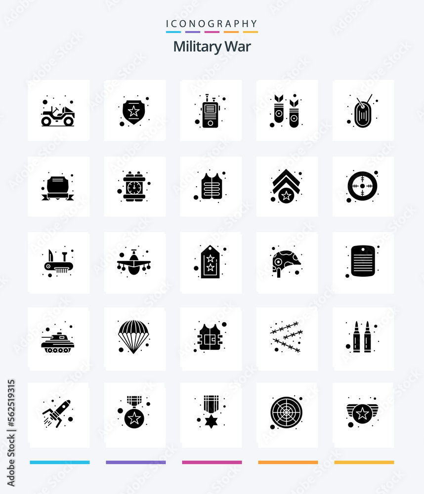 Creative Military War 25 Glyph Solid Black icon pack  Such As badge. war. communication. rocket. missles
