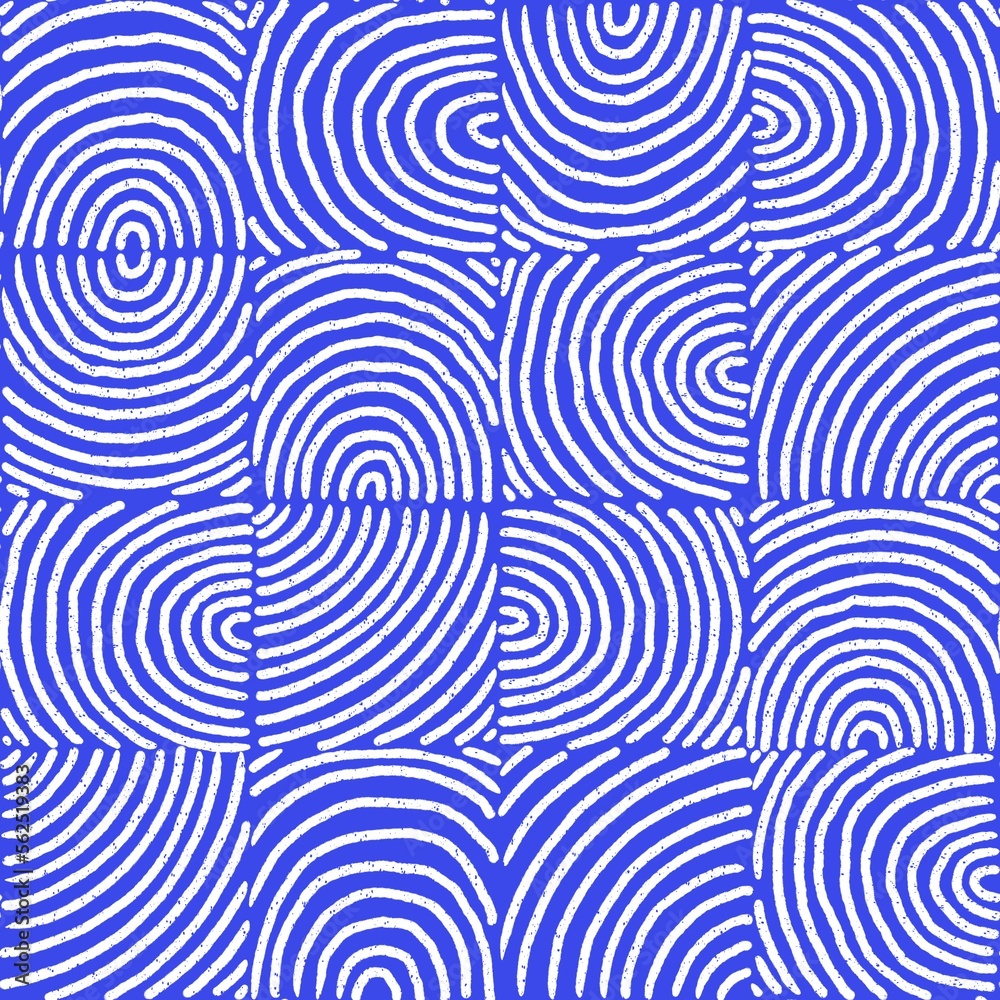 Hand drawn seamless pattern with fingerprints. Checkered pattern with striped texture. Blue and white pencil print