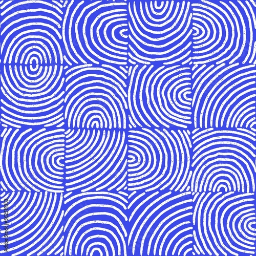 Hand drawn seamless pattern with fingerprints. Checkered pattern with striped texture. Blue and white pencil print