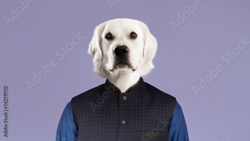 Stylish man with dog head over lilac background