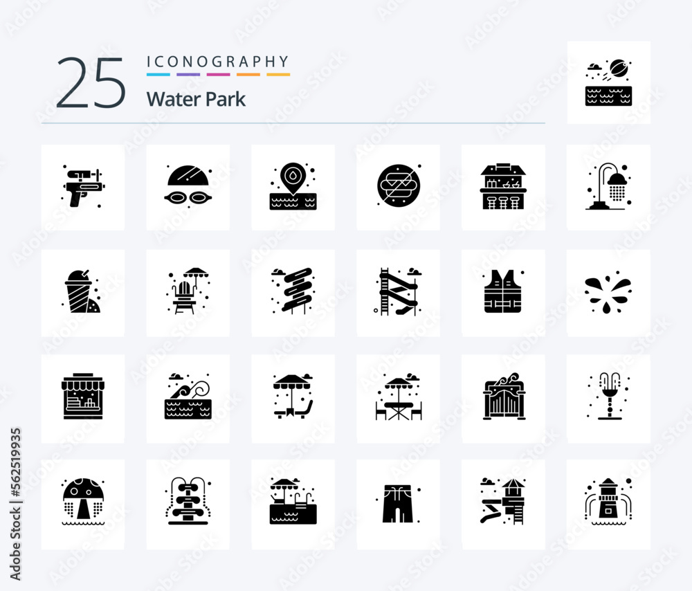 Water Park 25 Solid Glyph icon pack including water. water. water. sand castle. water