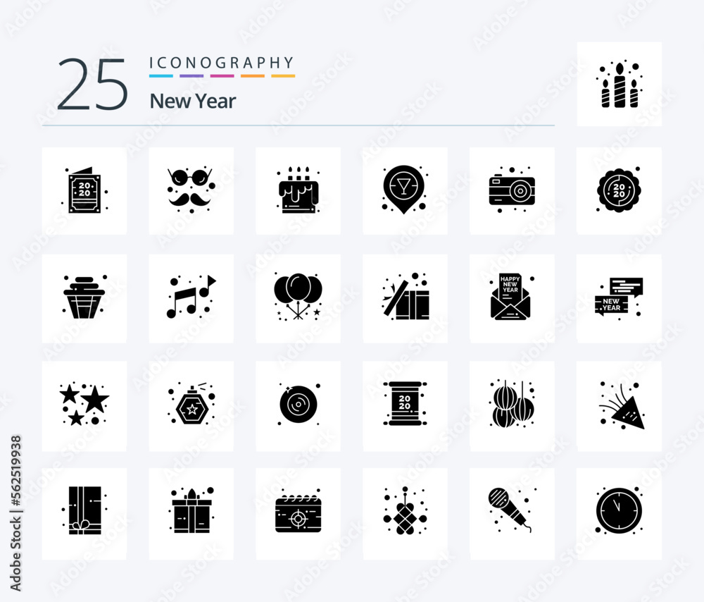 New Year 25 Solid Glyph icon pack including photography. camera. cake. vodka. champagne bar location