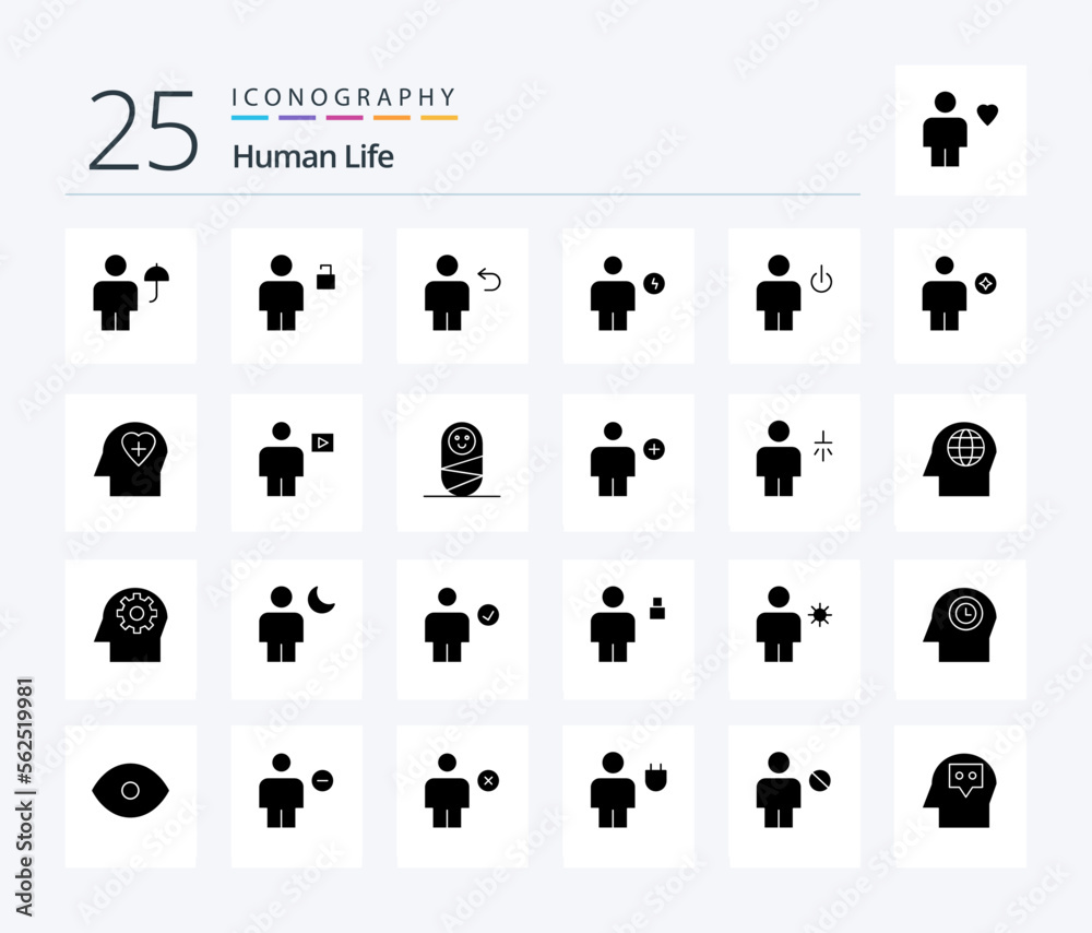 Human 25 Solid Glyph icon pack including electricity. avatar. padlock. return. body