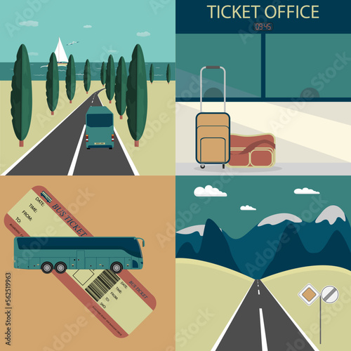 set of illustrations on the theme of bus travel