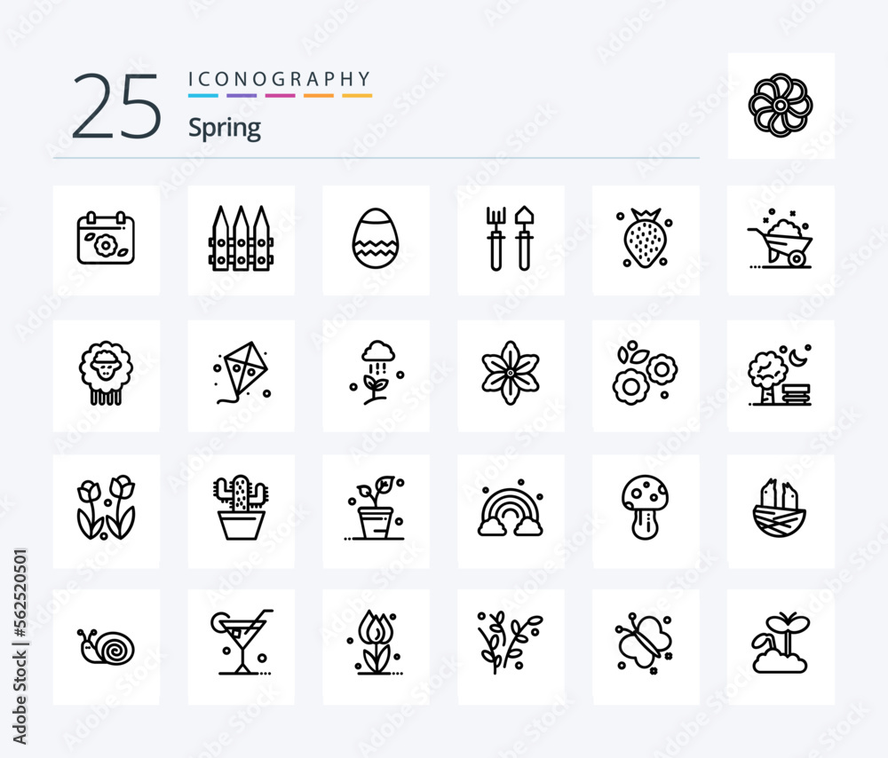 Spring 25 Line icon pack including fruit. strawberry. easter. shovel. gardener