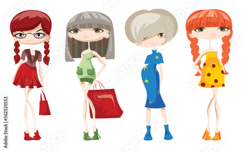 Vector set of cute blond, redhead and other fashion girls in dresses, shorts and sneakers with bags