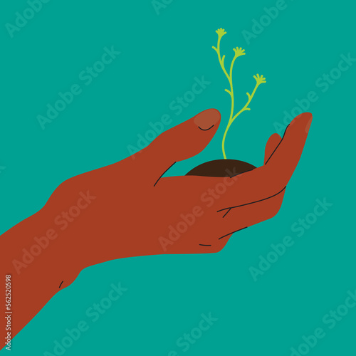 Hand holding handful of soil with a plant sprout. World Environment day concept. Earth day. Protection, ecology conservation, save planet. Plant growth in human hands. Agricultural illustration