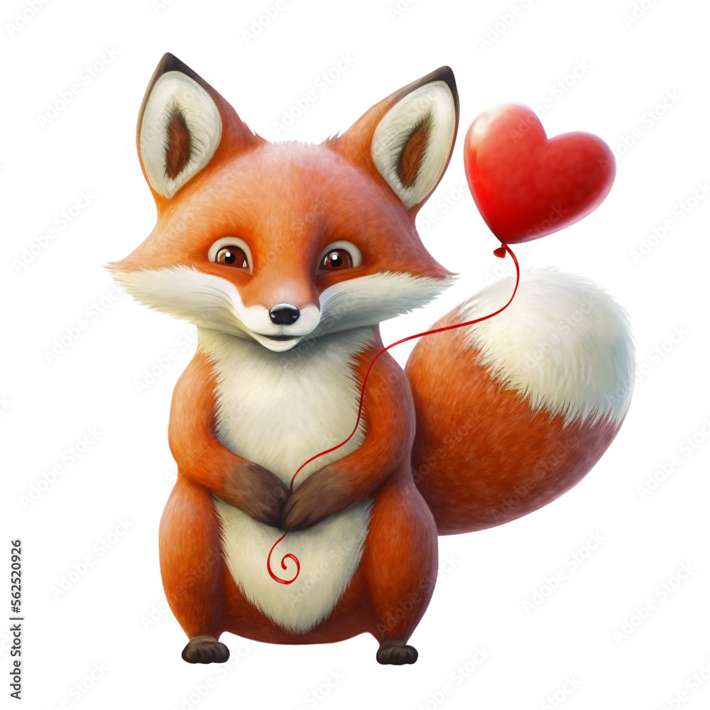 Obraz premium Cute red fox cub with a heart balloon, Valentine's Day, festive