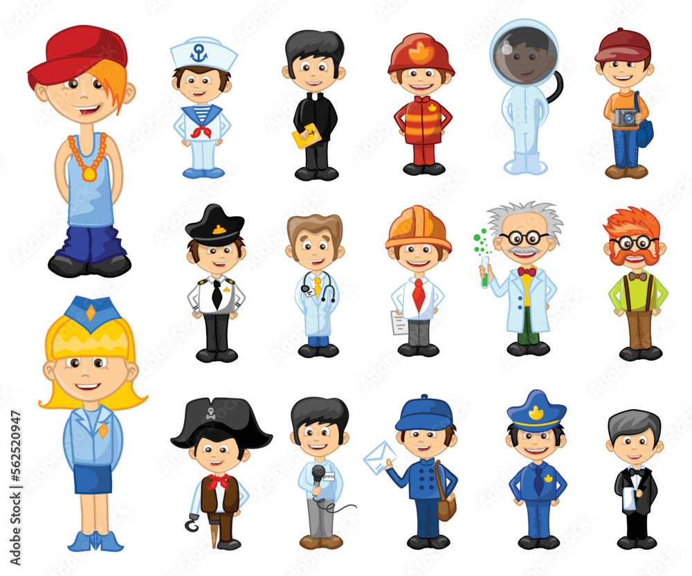 Big set of the different professions flat cartoon characters. Group of workers isolated on white background. Big set of the different professions flat cartoon characters. Group of workers isolated on white background.