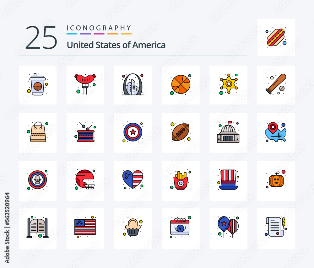 Usa 25 Line Filled icon pack including police. day. building. sports. basketball