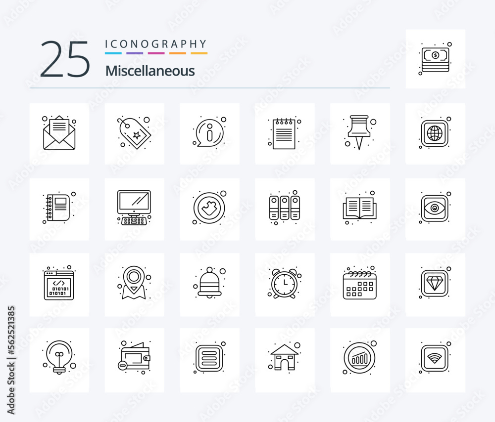 Miscellaneous 25 Line icon pack including pin. about. notepad. book
