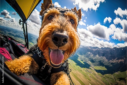 happy Airedale Terrier is paragliding in the mountains. Generative AI