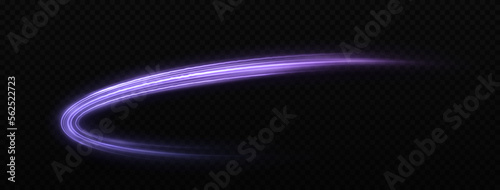 Purple sparkle lines on transparent background. Glitter trail effect. Luminous round wave with light effect.