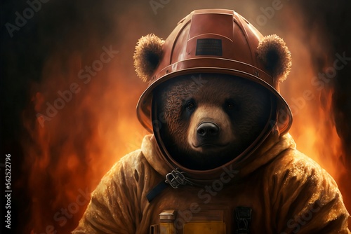Bear Wears fireman suit, background Cinematic,photorealistic Portrait Generative ai photo
