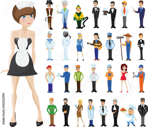 Collection of men and women people workers of various different occupations or profession wearing professional uniform set vector illustration.