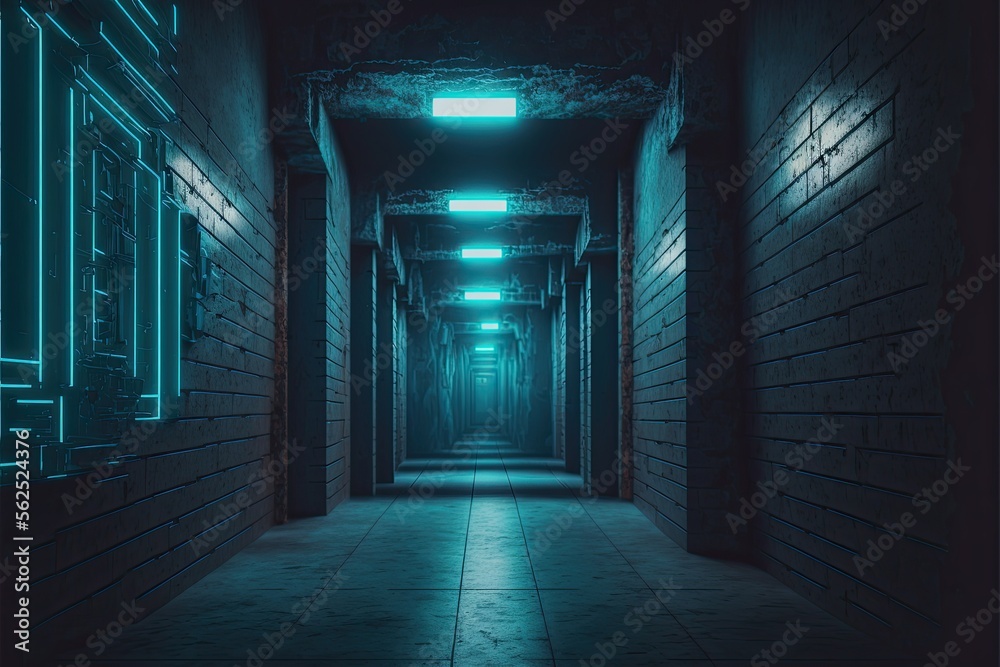 futuristic Sci-Fi Alien Cyber Dark blue neon generative ai Hallway 