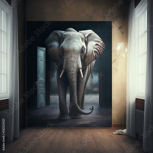 Metaphorical idiom of the elephant in the room. Concept for controversial issue that everyone knows about but no one wants to discuss. Generative AI.