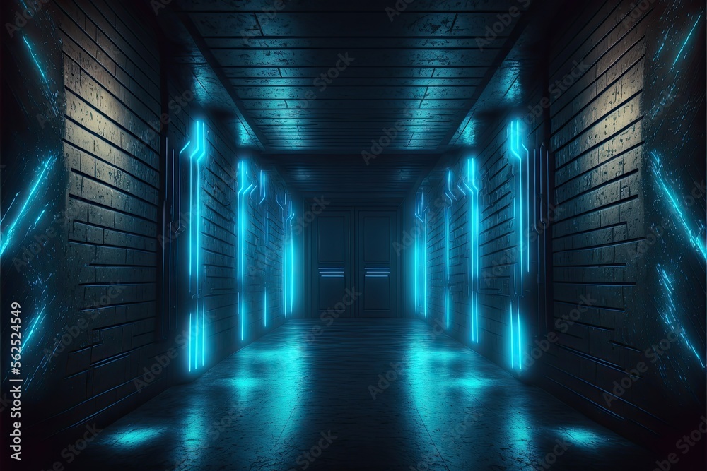 futuristic Sci-Fi Alien Cyber Dark blue neon generative ai Hallway 