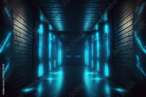 futuristic Sci-Fi Alien Cyber Dark blue neon generative ai Hallway 