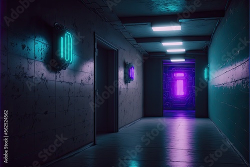 purple futuristic Sci-Fi Alien Cyber Dark blue neon generative ai Hallway 