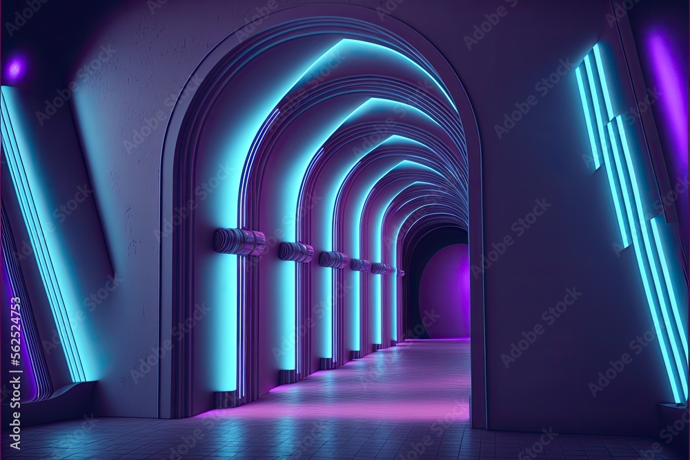 purple futuristic Sci-Fi Alien Cyber Dark blue neon generative ai Hallway  - obrazy, fototapety, plakaty 