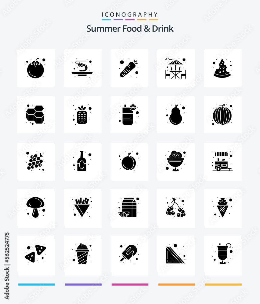 Creative Summer Food & Drink 25 Glyph Solid Black icon pack  Such As pizza. sitting area. food. drink. bar