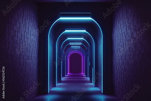 purple futuristic Sci-Fi Alien Cyber Dark blue neon generative ai Hallway 