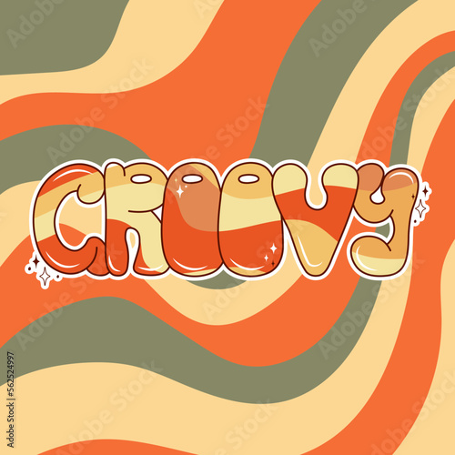 Handwritten retro poster. Groovy word on a rainbow background. Hippie and boho style.