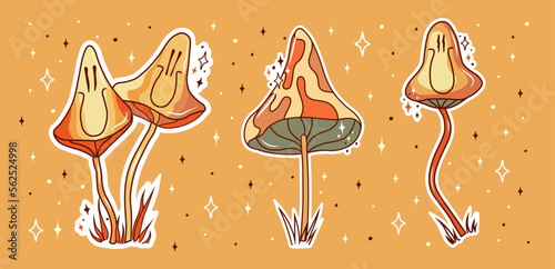 Groovy psychedelic mushrooms. Sticker pack in trendy retro hippie cartoon style. 60s and 70s style.