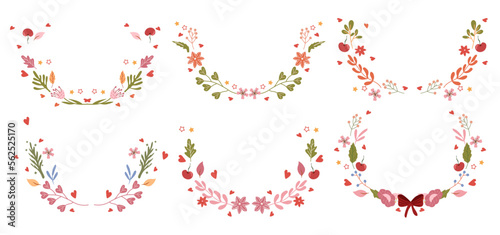 Beautiful wreaths with colorful flowers, leaves, berries, hearts and stars all around. A collection of wreaths for greeting cards, invitations to weddings, birthdays, etc. Vector.