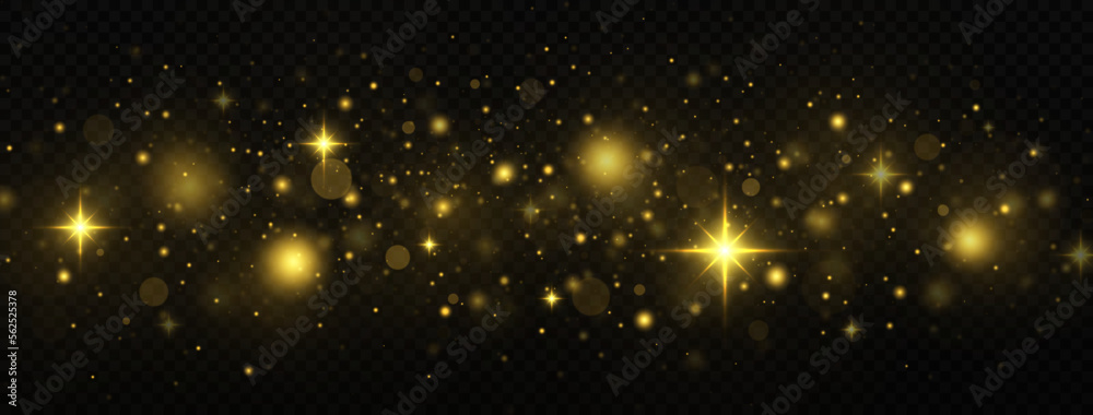 Glowing golden light effect. Glitter dust of particles. Christmas concept. Magic background.
