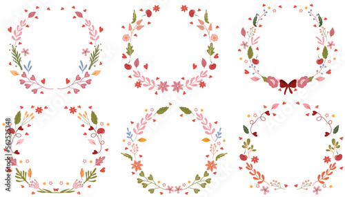 Beautiful wreaths with colorful flowers, leaves, berries, hearts and stars all around. A collection of wreaths for greeting cards, invitations to weddings, birthdays, etc. Vector.