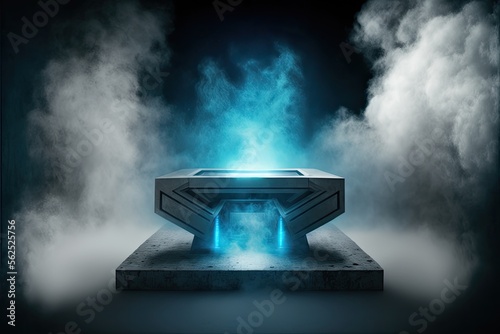 Blue futuristic empty podium stage with Smoke and neon light generative ai sci-fi alien stand platform