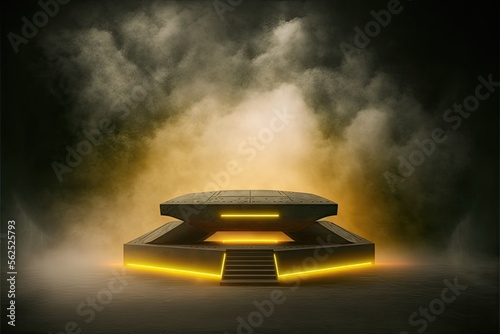 futuristic empty podium stage with Smoke and neon light generative ai sci-fi alien stand platform