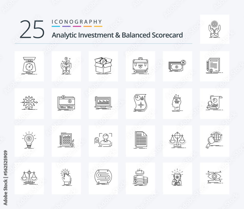 Analytic Investment And Balanced Scorecard 25 Line icon pack including financial. briefcase. plant. work. productivity