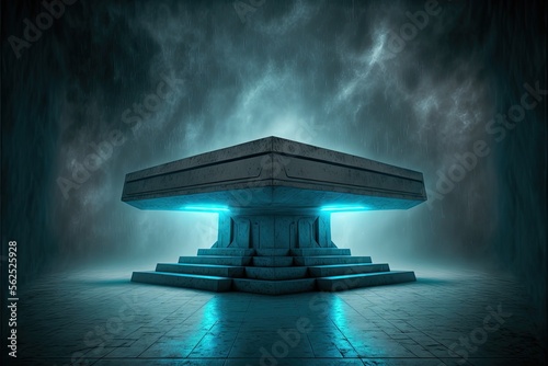 Blue futuristic empty podium stage with Smoke and neon light  generative ai sci-fi alien stand platform