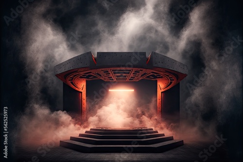 futuristic empty podium stage with Smoke and neon light generative ai sci-fi alien stand platform
