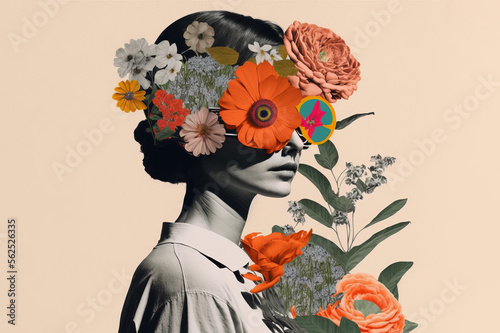Portrait of a woman with lots of flowers. Abstract trendy art paper collage design. Generative ai photo